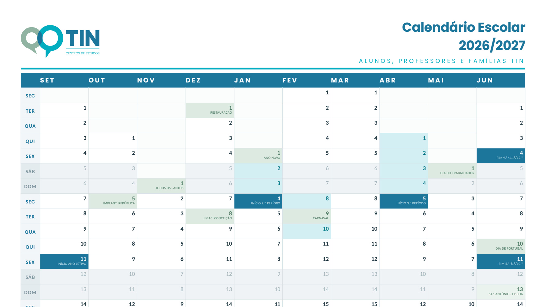 Calendário escolar 2026/2027 do Centro de estudos TIN
